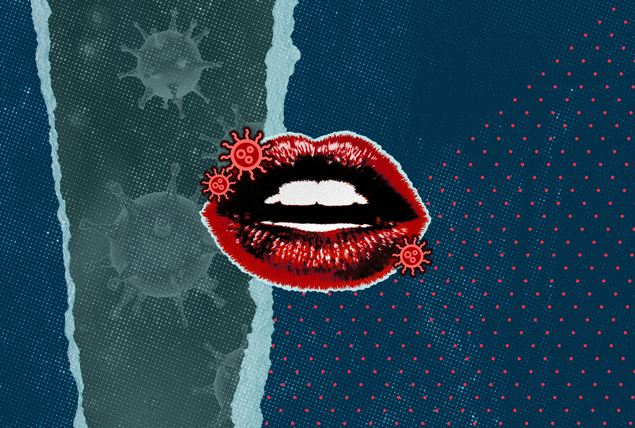 A pair of red lips with red herpes spots on it is against a blue and green background.