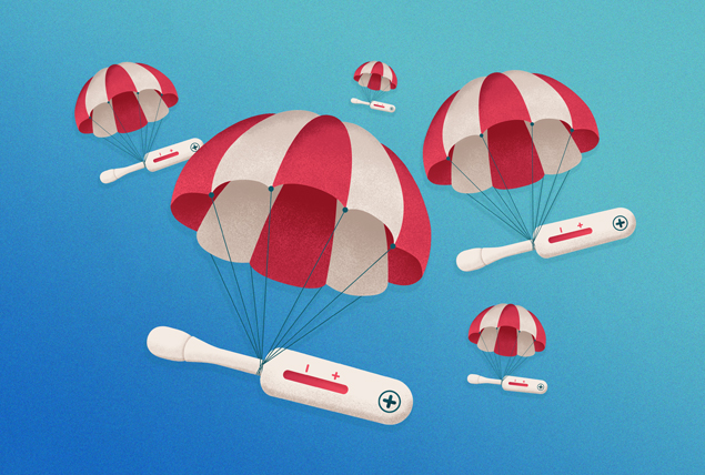 Red and white parachute balloons airdrop HIV test kids in the blue sky.