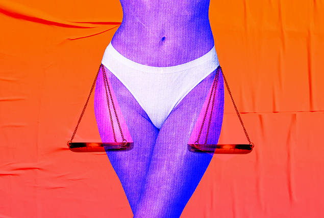 Scales hang on the hips of a purple woman against an orange background.