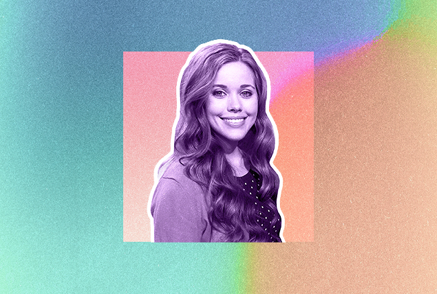 Jessa Duggar Seewald is in purple against a light green and orange background.