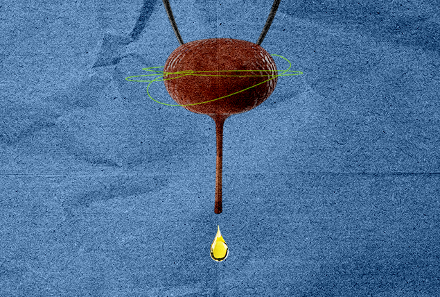 A yellow drop of urine comes from the bottom of a red bladder against a blue background.