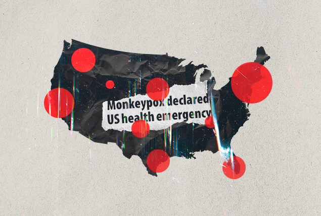 A news clipping about Monkeybox is layered with red circles over a dark map of the United States.