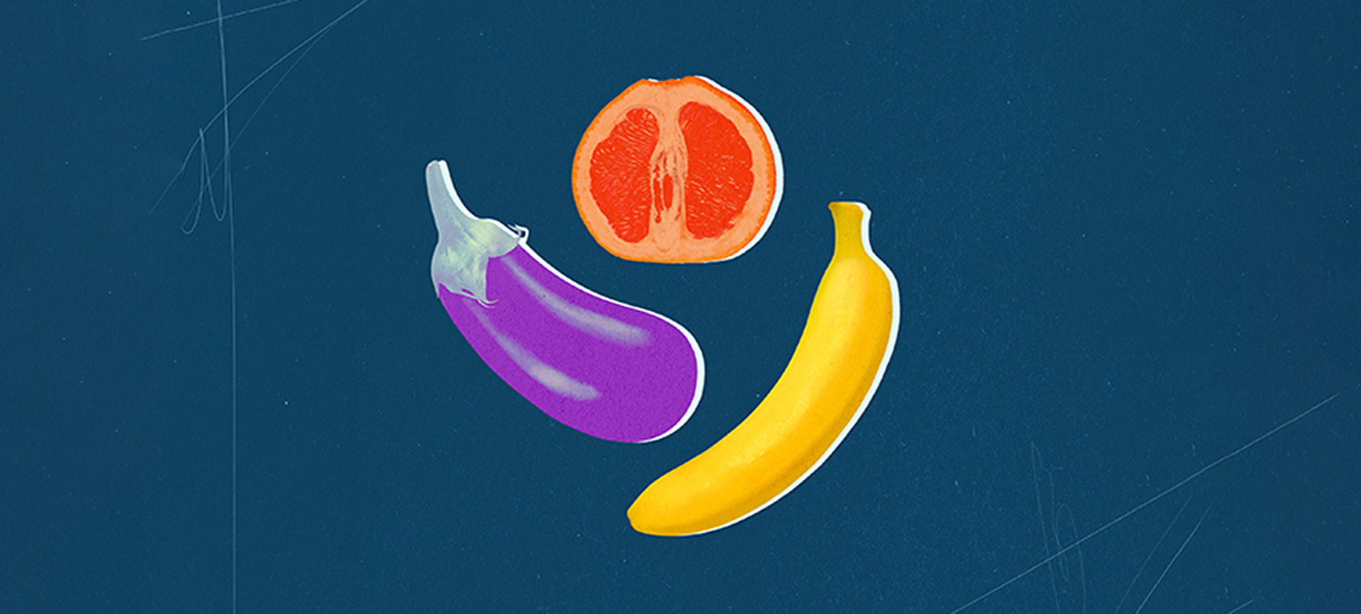 An eggplant and banana are in a circle with an open-faced grapefruit halve against a dark greenish-blue background.