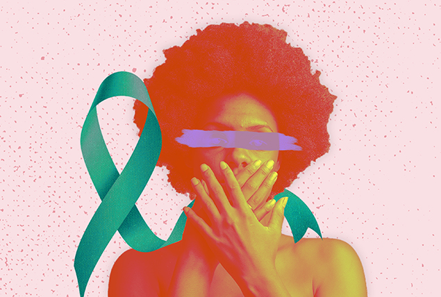 An orange woman is layered on a green ovarian cancer awareness ribbon against a pink background.
