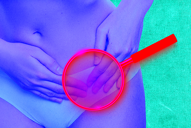 A red magnifying glass focuses on a purple woman holding her pelvis around the ovary against a bright teal background.