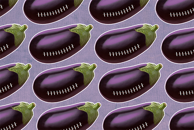 A pattern of eggplants are against a purple background.