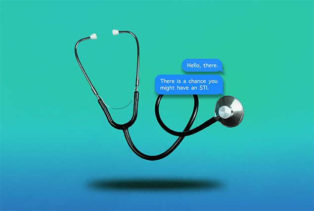 Two chat bubbles are on a stethoscope that is floating against a blue and green gradient back ground.