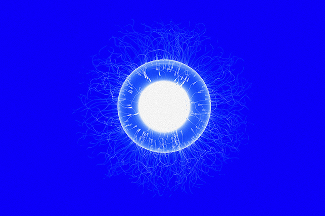 Several semen try to penetrate a white embryo against a bright blue background.