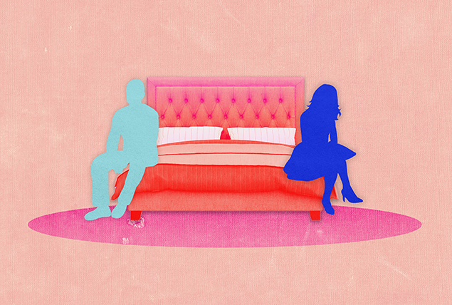 A teal man and a blue woman sit on opposite ends of a red and pink bed.