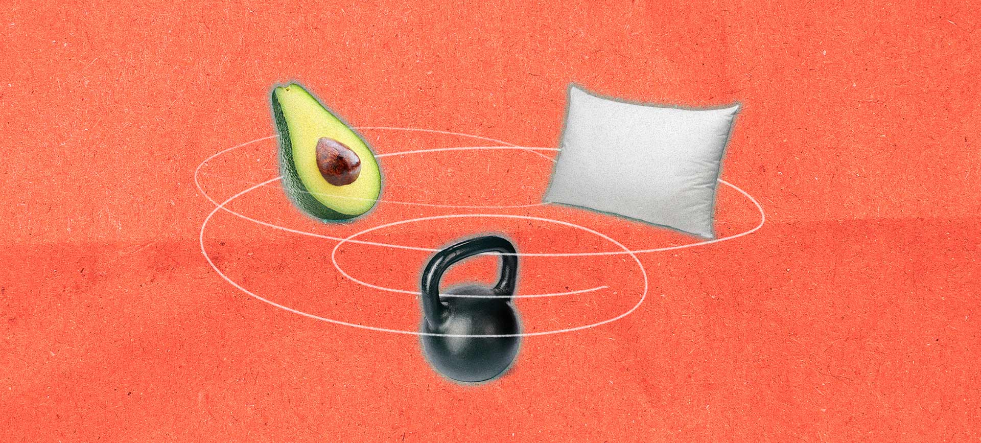 A pillow is connected to an open avocado half and a weight by white lines against an orange background.