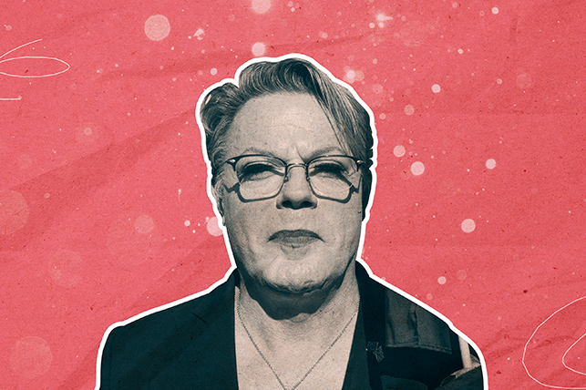 An off-white image of Suzy Eddie Izzard is against a dark pink background.