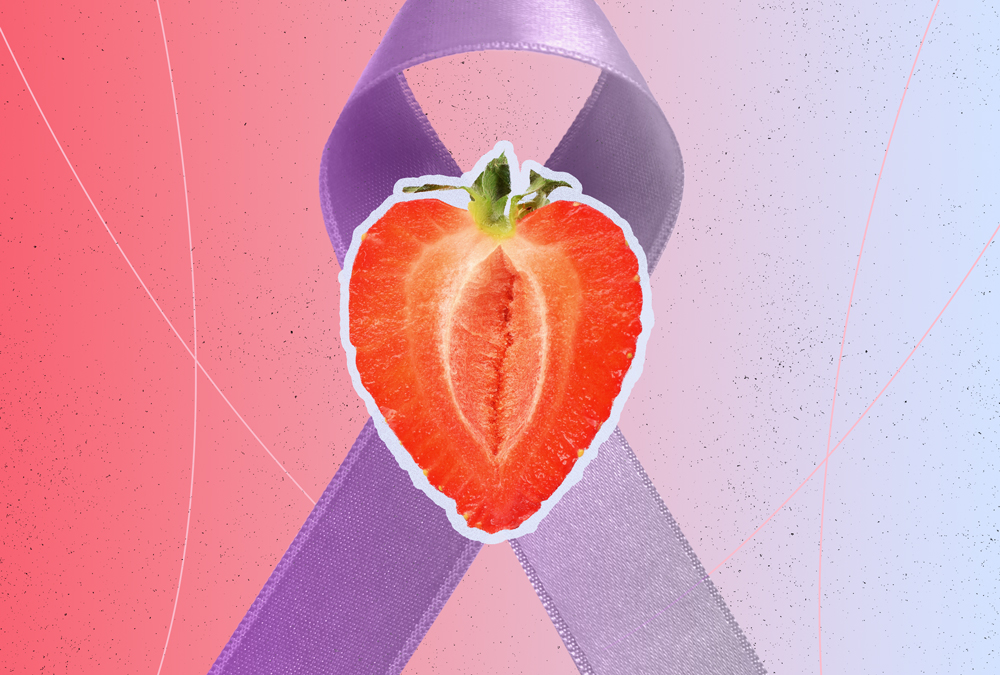 The open half of a strawberry is in the center of a purple cancer ribbon.