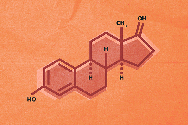 A red hexagonal diagram of hormones is against an orange background.