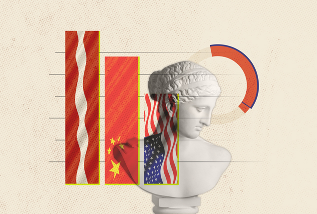 a bar graph with Latvian, Chinese and American flags on a background with a Roman bust