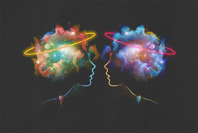 Two profile faces lean in towards each other with galaxy-like images in place of their brains.