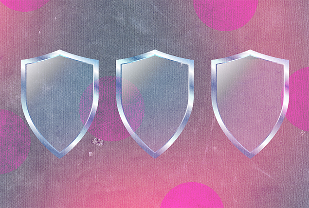 Three silver shields lay in a row against a pink and silver background.