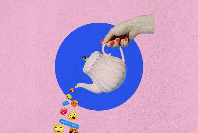 hand with red nail polish pours teapot with angry emojis coming out of it on a blue circle and pink background