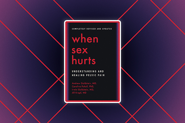 The black and red cover of the book When Sex Hurts sits on a black and red grid pattern background.