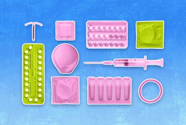 Various types of birth control flash pink and lime green against a blue background.
