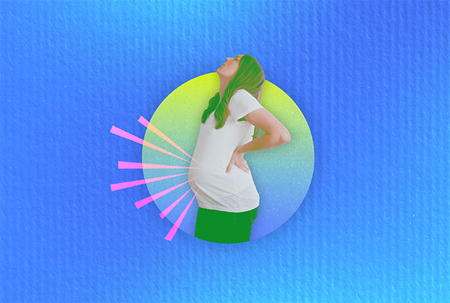pregnant woman in white shirt holds her lower back in pain as pink stipes come out of her belly on a blue background