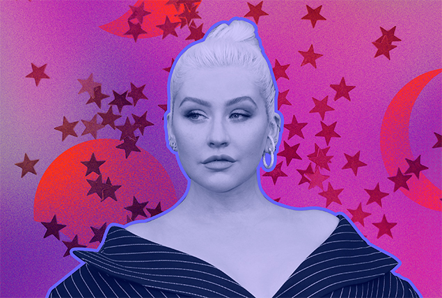 Christina Aguilera in a purple tint on a pink and purple background with stars