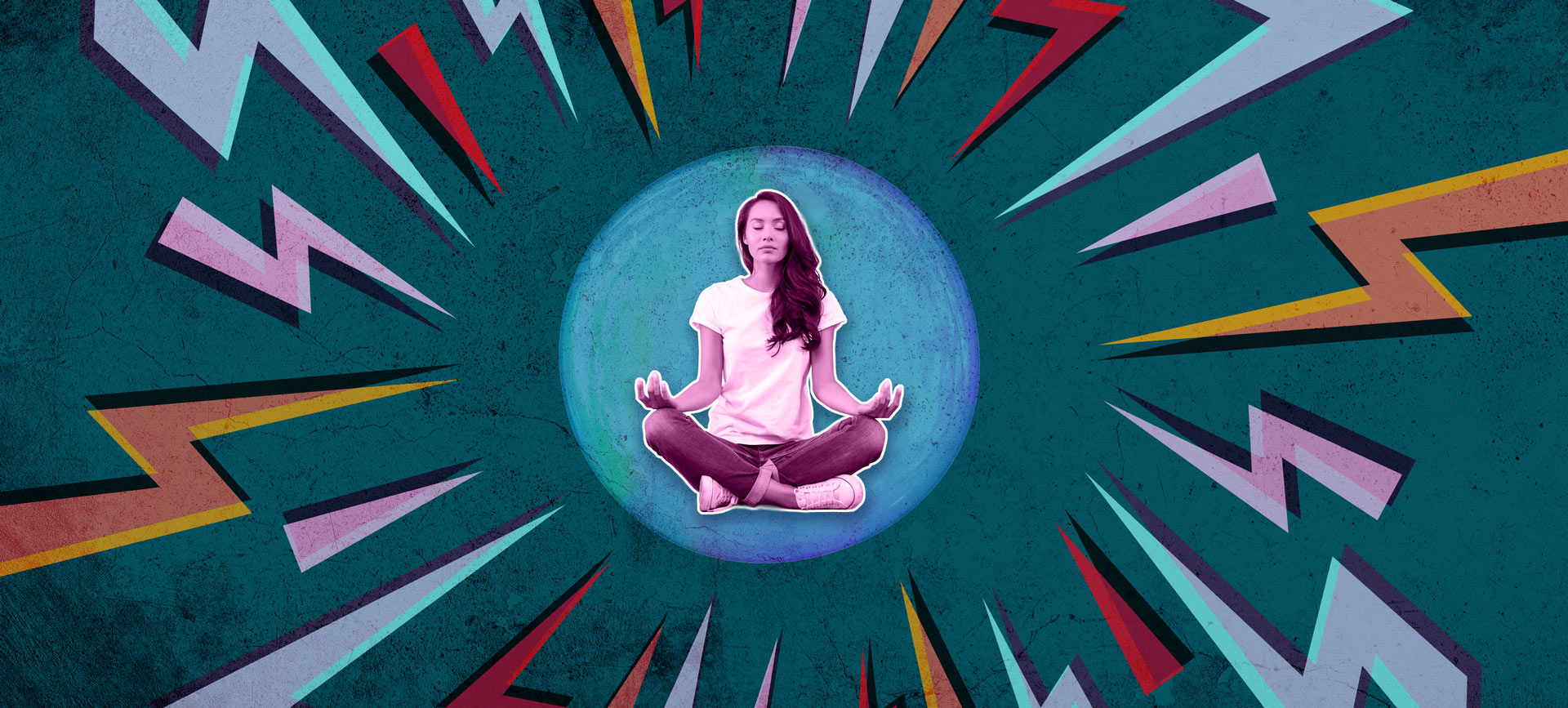woman meditating with pink tint with lighting blots around her on dark green background
