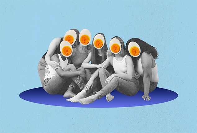 A group of women sit together with a halves of a hard-boiled egg in place of their heads.