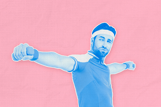 A blue man exercises against a pink background.