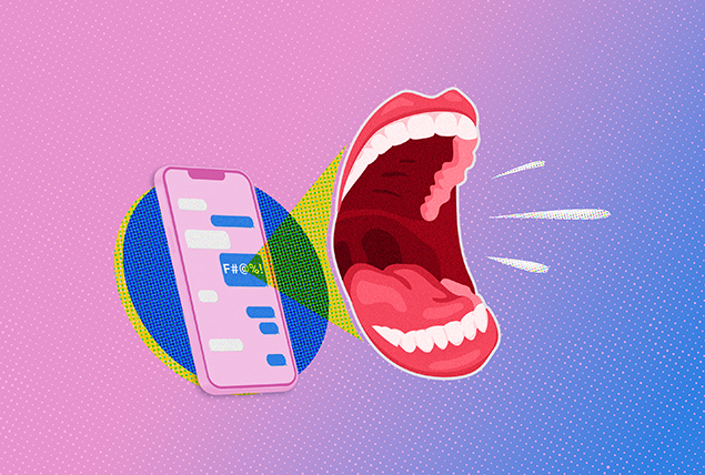 screaming mouth next to smartphone with text messages on marbled blue and pink background