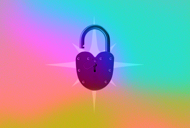 two arched unlocked lock on a rainbow marbled background