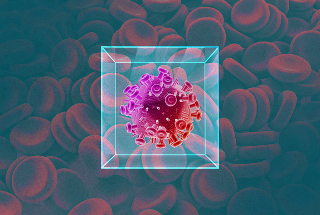 pink virus molecule in clear cube on red and green blood cell background