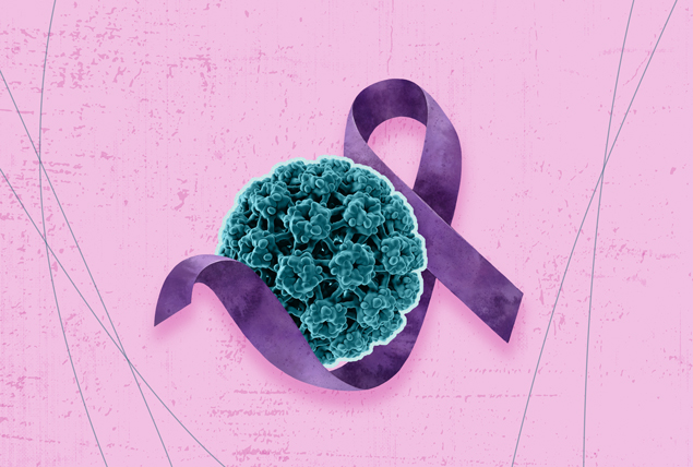 teal cancer cell wrapped in a purple ribbon on a pink background
