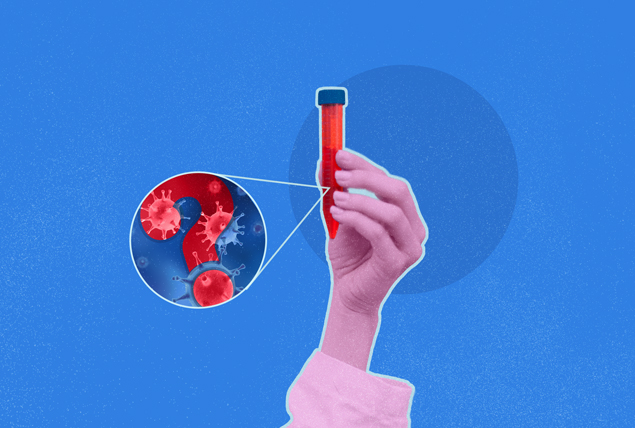 red test tube held by pink hand magnified circle with a red question mark on blue background
