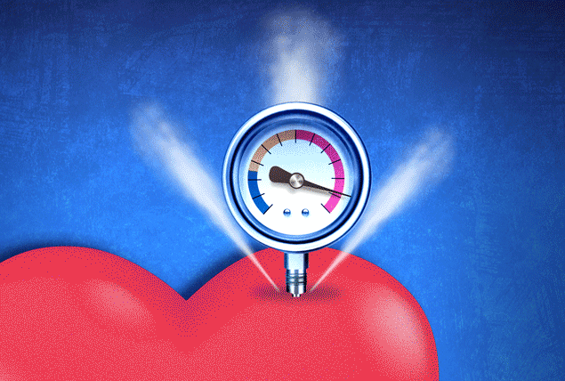 A pressure meter is stuck in the top of a heart with the needle bouncing on high.