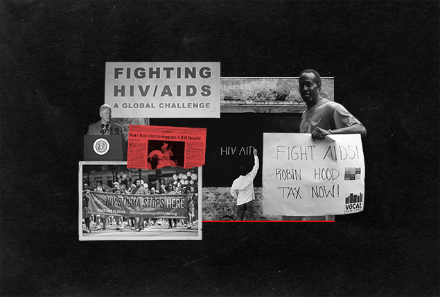 black and white photos of AIDS protests, education and history on a black background 