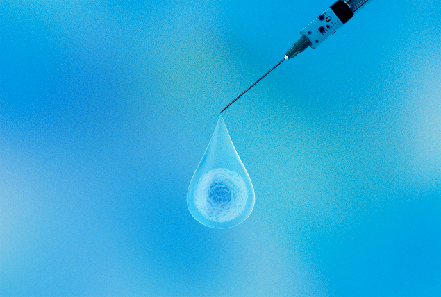 a drop of liquid with a geometric design drips out of a syringe on a blue background