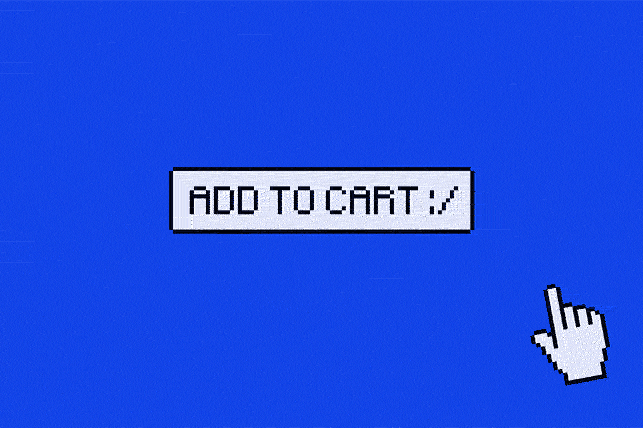 computer mouse cursor click 'add to cart' button on blue background as button turns red