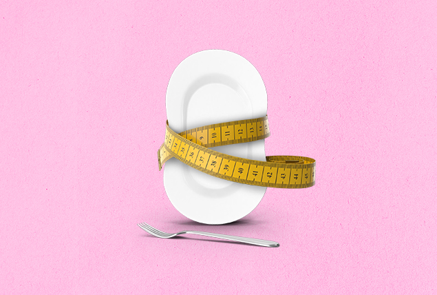 white plate is stretched by yellow tape measure on pink background