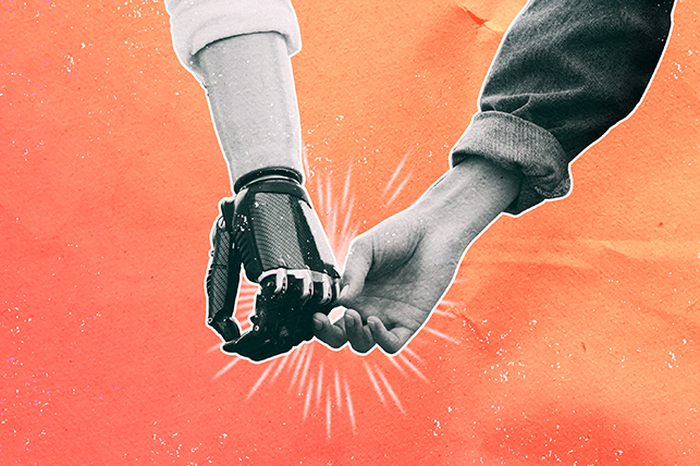 hand holds a robotic prosthetic hand surrounded by sparks on an orange background