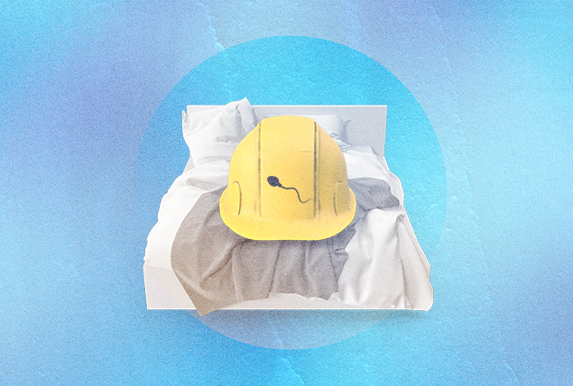 a sperm outline on a yellow hardhat on a bed with a blue background