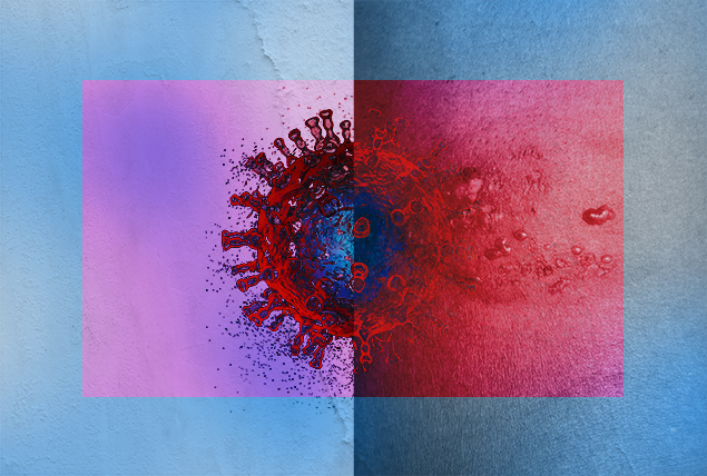 a distorted red virus cell on a half red and blue background
