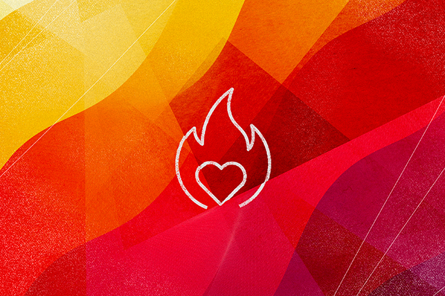 heart on fire outline with yellow and red background