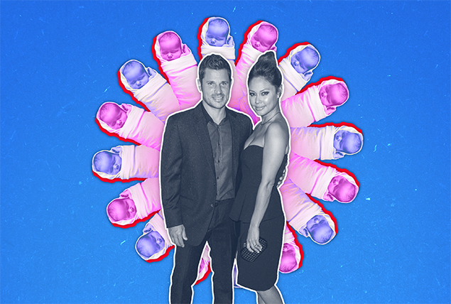 Nick and Vanessa Lachey haloed by pink and blue swaddled babies on a blue background