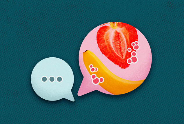 speech bubble with strawberry and banana with red spots next to a text speech bubble on a dark green background