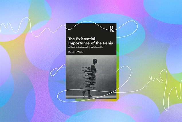 'The Existential Importance of the Penis' cover on a rainbow polka dot background