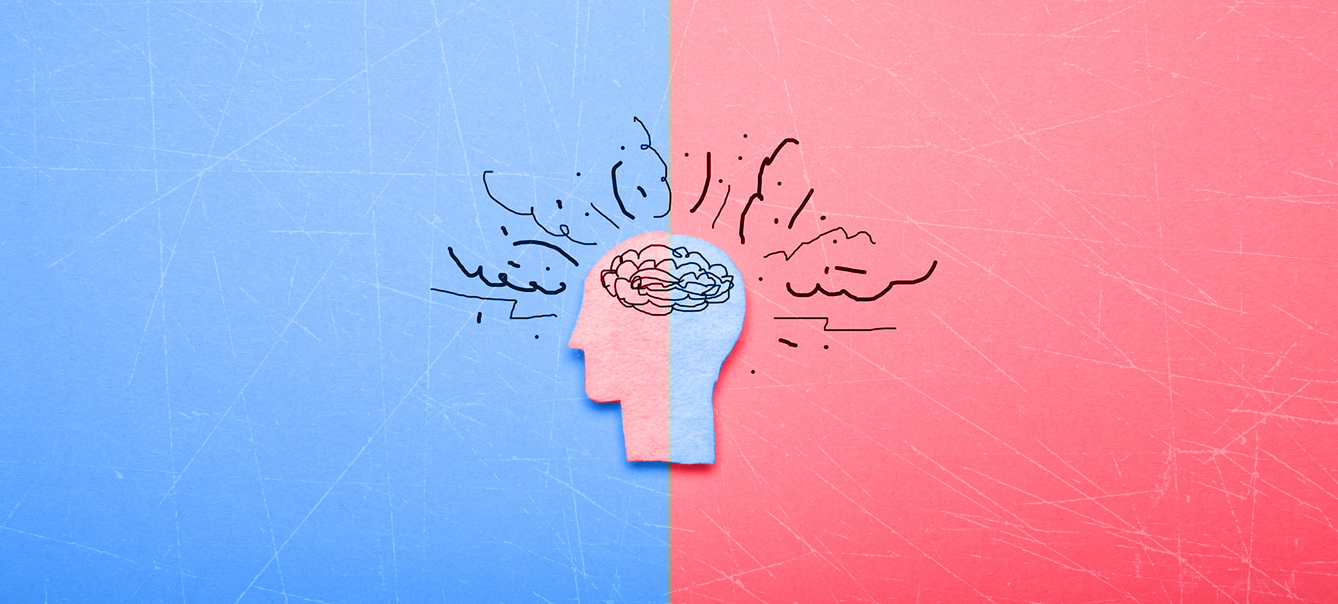A cutout of a human head with black lines coming from it is against a red and blue background.