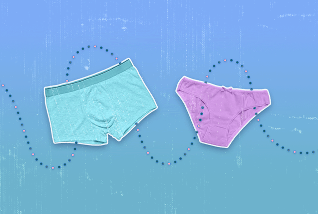 A trail of dark blue dots light up pink as they travel through two pairs of underwear.