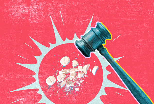 A gavel smashes abortion medicine against a pink background.