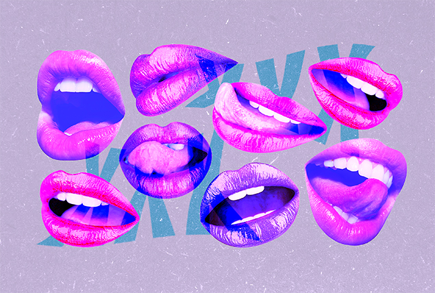 pink and purple lips on a gray background
