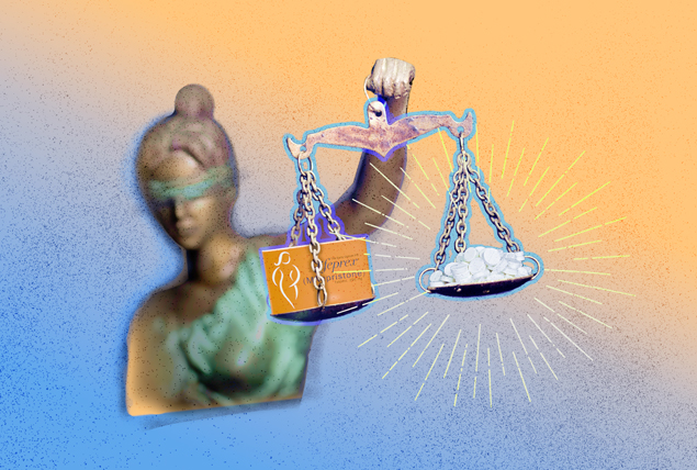 Lady Justice has a box of mifepristone on one side of her scale tipping downwards and a pile of white pills on the other.